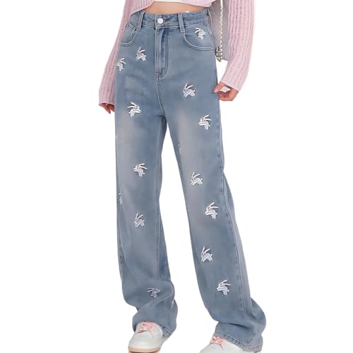 Harajuku Y2K Kawaii Gothic Casual Style Straight Wide Leg Vintage Embroidery Bunny Trim Jeans Pants for Women