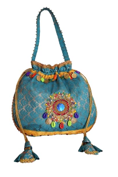 Veena creations Embroidered Potli Bag, Teal Blue Brocade, Beaded Medallion, Gold Coin Tassels, Indian Ethnic Clutch-picture-10