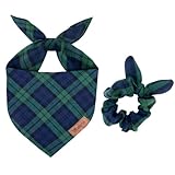 Christmas Dog Bandana & Matching Scrunchie Set – Plaid Scarf Kerchief for Small, Medium, and Large Dogs Soft Pet Neckwear for Daily Walks, Photos, Puppy Cats Matching Accessories Gift (Large)