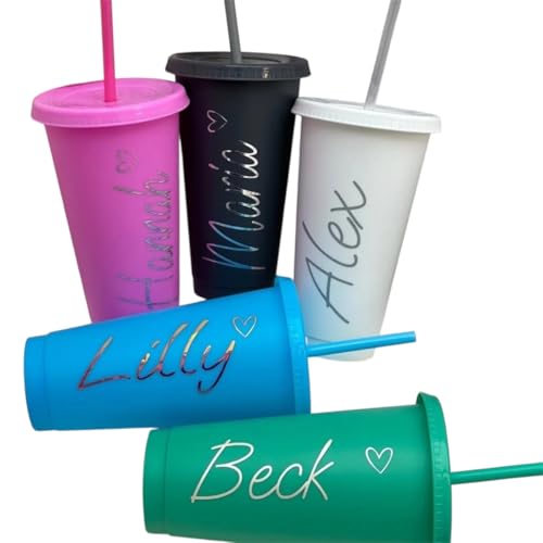 Personalised 24oz 710ml Cold Cup with Straw & Lid Custom Reusable Tumbler with Name BPA-Free Plastic Cup for Iced Coffee Smoothies Parties & Gifts Choose Text & Cup Colour