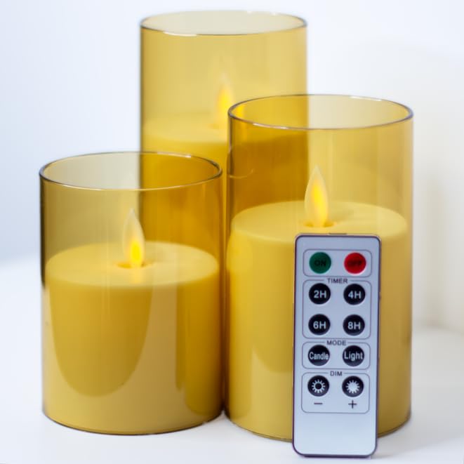 MUCH SIMPLE Velas LED, Vela LED Efecto Llama,Vela de Vidrio 3D Realista sin llama Efecto,control remoto temporizador,Velas Decorativas de pilas,Navidad,Fiestas,Cumpleaños,Bodas, salon,casa (Dorado)