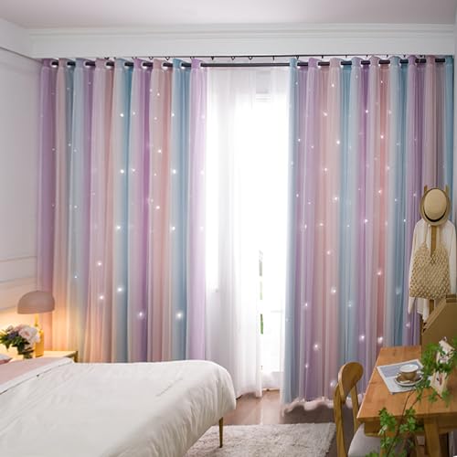 Image of Yancorp Room Darkening Blackout Curtains with Grommets Kids Lace Drapes Star Double Layer Window Panels with Tie Backs Bedroom Living Room (Rainbow, W52 X L84-1 PC)