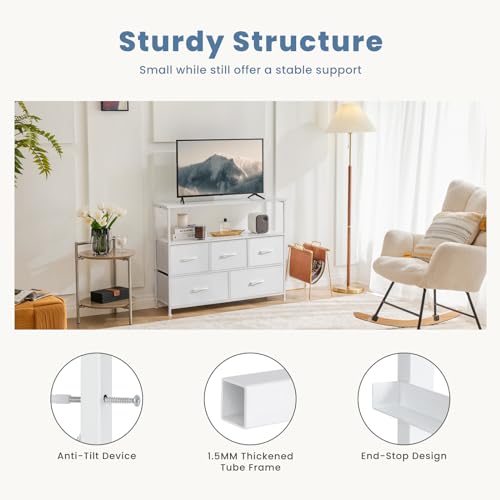 Image of NEWBULIG Dresser,Dresser with 5 Fabric Drawers,Chest of Drawers,Storage Tower, TV Stand Organizer Storage for Bedroom Living Room Hallway, Easy Pull Fabric Bins,Wooden Top, Sturdy Steel Frame,White
