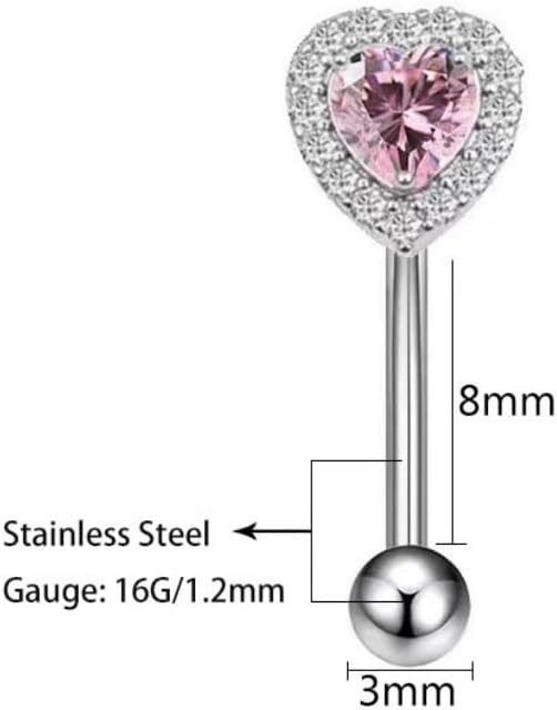 16G Pink CZ Heart Eyebrow Rings for Women Dainty Surgical Steel Eyebrow Curved Barbell Eyebrow Piercing Studs Rook Earrings Sparkling Body Piercing Jewelry - Image 6