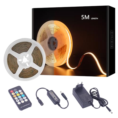 JBdusn COB CCT LED Tira de luces blanco sintonizable, 5m regulable 2700K-6500K 24V Kit de luces de cinta LED con Mando y Alimentación, 576LEDs/m Cinta de luz para el hogar Iluminación de bricolaje
