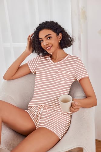 Image of Ekouaer Womens Pajama Sets Short Sleeve Pajamas for Women Sets Soft Lounge Sets Casual V Neck Sleepwear PJS