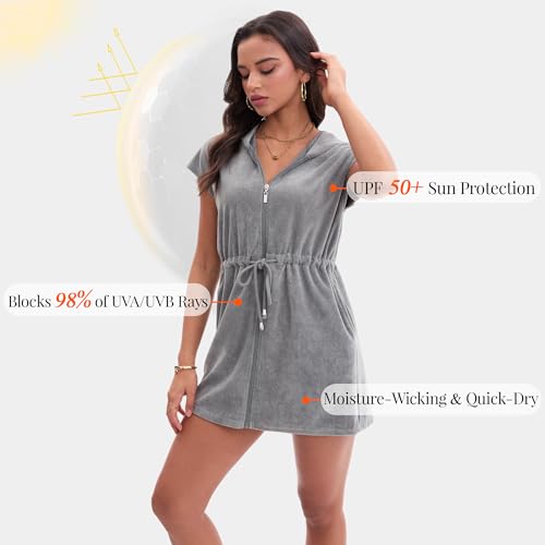 Terry Cloth Swim Cover Up for Women UPF 50+ Hooded Beach Swimsuits Cotton Robes Cover-up with Zipper Pockets4