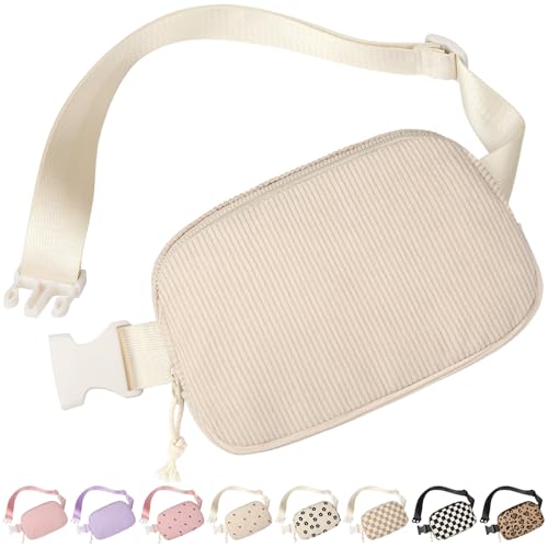 Vankor Beige Fanny Packs for Women Corduroy Cute Beige Belt Bag for Women Crossbody Stylish Waist Pack Purse for Travel Hiking Workout Running