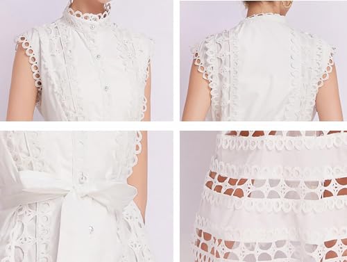 Image of LAI MENG FIVE CATS Women's Sleeveless Hollow Out Lace Button Up Casual Midi Party Dress with Belt