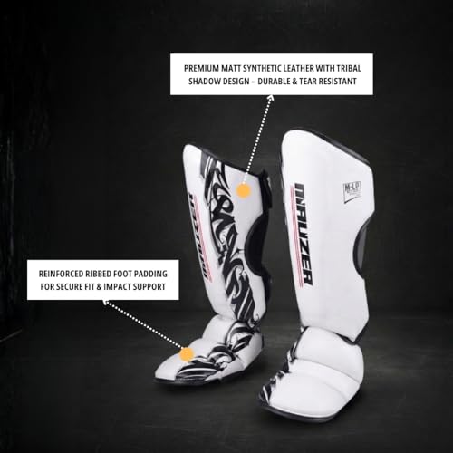 Image of MAUZER Muay Thai MMA Shin Guards with Instep Foot Protection High Density EVA Padding Adjustable Velcro Straps Synthetic Leather Kickboxing Guards (White and Black, Small)