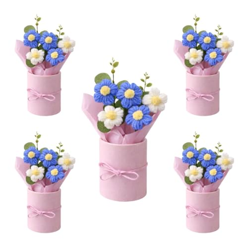 Image of VCR Handmade Blue Crochet Bouquet- Pack of 5 - Hand Woven Knitted Artificial Hand Knitted Bouquet Flower for Office Desk, Table, Car, Bedroom, Wedding & Special Occasions