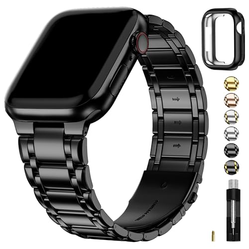Image of Fullmosa Metal Bands with Case [Watch NOT Included] Compatible Apple Watch Strap 45mm 44mm 42mm, Steel Apple Watch Band for iWatch SE3 SE2 SE Series 9 8 7 6 5 4 3 2 1,42mm 44mm 45mm,Black