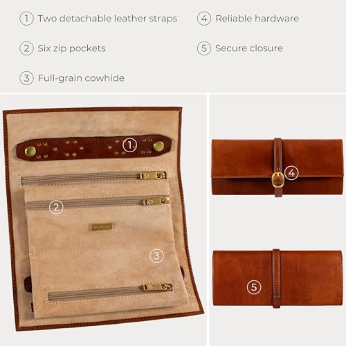 Image of Time Resistance Leather Jewelry Roll - Full Grain Leather Travel Jewelry Case - Jewellery Organizer Made in Italy (Cognac Brown)