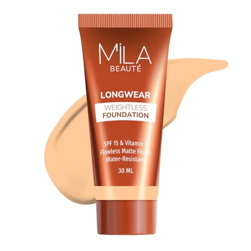 Image of Mila Beaute Longwear Weightless Foundation | Matt Finish With SPF 15 and Vitamin E | Water Resistant Buildable Formula & Super Light | Liquid Foundation | Shade - (203 Beige, 30ml)