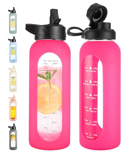 Image of CIVAGO 40 oz Glass Water Bottle with Straw and Handle, Large Sports Motivational Water Bottle Flask with Time Marker and 2 Lids, Leakproof Water Jug Canteen with Silicone Sleeve for Gym, Camelia