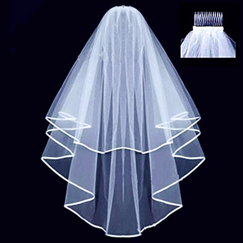 Ewandastore Ewandastore Double Ribbon Edge Center Cascade Bridal Wedding Veil with Comb White