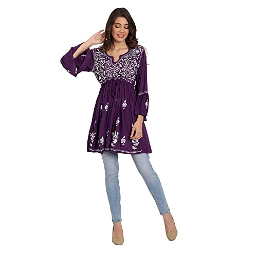 Image of indiankala4u Lucknow Chikankari Hand Embroidered Fit and Flared Top, Short Kurti for Women, Modal Cotton