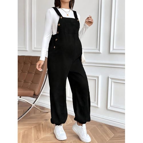 Hearda Salopette Femme Enceinte Pantalon de Maternité à Jambes Larges Combinaison Grossesse Doux Velours Côtelé, Tenue Décontractée et Élégante pour Future Maman (Noir,M) – vue 4