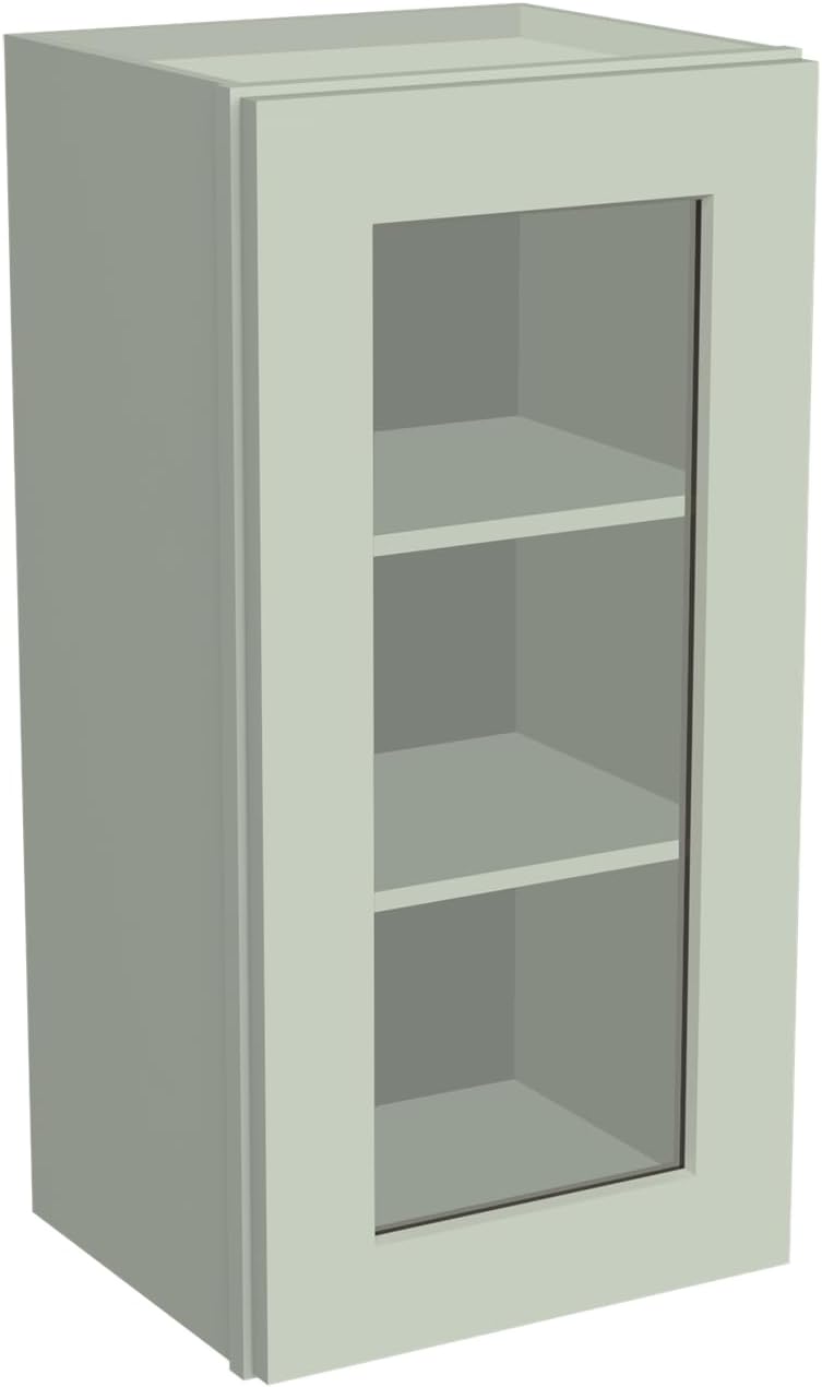 RTA Solid Wood Tall Glass Door Wall Cabinet – Shaker Style Wall-Mounted Storage Cabinet with Adjustable Shelves, Soft-Close Hinges, Bathroom Medicine Cabinet (Jade Green, 18" W x 12" D x 36" H)