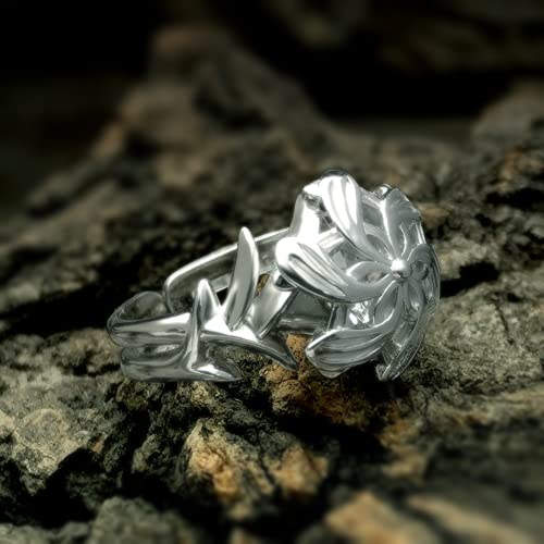 bahamut Elven Queen Galadriel Nenya 925 Sterling Silver Flower Wedding Band Ring for Women Adjustable Open Rings3