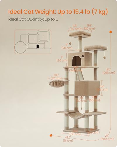 Image of Feandrea Cat Tree, 81.1-Inch Large Cat Tower, Multi-Level Plush Condo with 13 Scratching Posts, 2 Perches, 2 Caves, Basket, Hammock, Pompoms, Camel Brown UPCT190K01