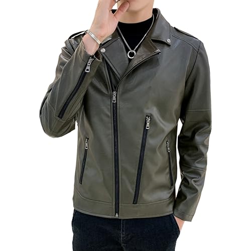 Manteau bomber asymétrique homme en similicuir vert kaki XXL veste moto