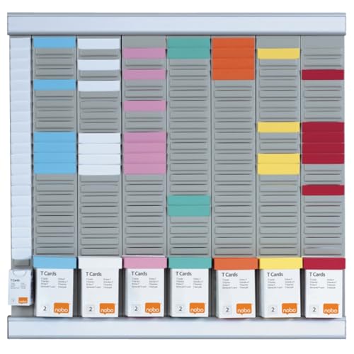 Nobo - Kit Planning Hebdomadaire Mural à Fiches T, 7 Colonnes & 24 Fentes, Indice 2, Fiches T Multicolores & Index Inclus, 2911080
