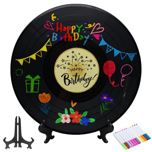 TECHEEL Libro de visitas de vinilo, alternativa al libro de visitas de cumpleaños con bolígrafo y soporte, decoración de cumpleaños, regalo de fiesta, cartel para niños y niñas
