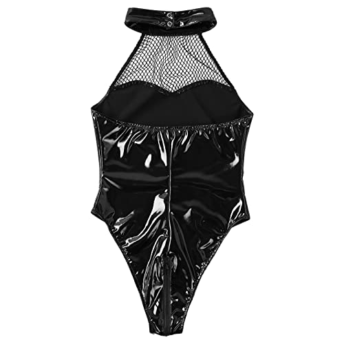 Oplxuo Patent Leather Lingerie, Women Wet Look Mesh Bodysuit Bakless Halter Zipper Bustier Exotic Boudoir Outfits Sleepwear Black #TOP7