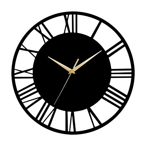 Warmiehomy Big Wall Clock 30cm Round Wall Clock Vintage Roman Numeral Silent Non-ticking Hanging Clock for Home Garden Office Restaurant Hotel Cafe Decoration, Black, Gold Pointer