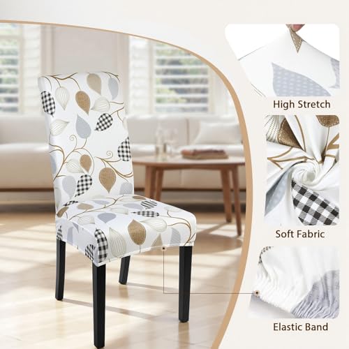 Image of SearchI Dining Room Chair Covers Set of 4, Stretch Printed Floral Parsons Chair Slipcovers Removable Washable Kitchen Chair Protector Cover for Dining Room, Hotel, Ceremony (Checked Leaf Pattern)