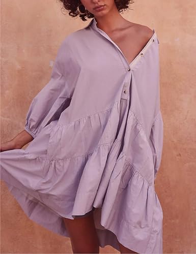 Image of HangNiFang Women's Summer Babydoll Mini Dress Flowy Puff Sleeve Tiered Button Down Oversized Tunic Dress with Pockets