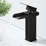 Robinet Salle de Bain Cascade Noir, Mitigeur Lavabo Cascade, Robinet Lavabo avec Bec Hauteur 140mm, Mitigeur Salle de Bain en Laiton, Robinetterie Eau Chaude et Froide Disponible, G 3/8