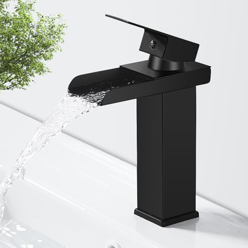 Robinet Salle de Bain Cascade Noir, Mitigeur Lavabo Cascade, Robinet Lavabo avec Bec Hauteur 140mm,...