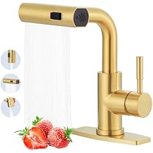 ALEASHA Bar Sink Faucet Single Hole, 3 Water Modes Wet Bar Faucets with Pull Out Sprayer, Prep Sink Faucet 360 Swivel for Small Kitchen Bathroom Faucets with cUPC Supply Lines, Brushed Golden