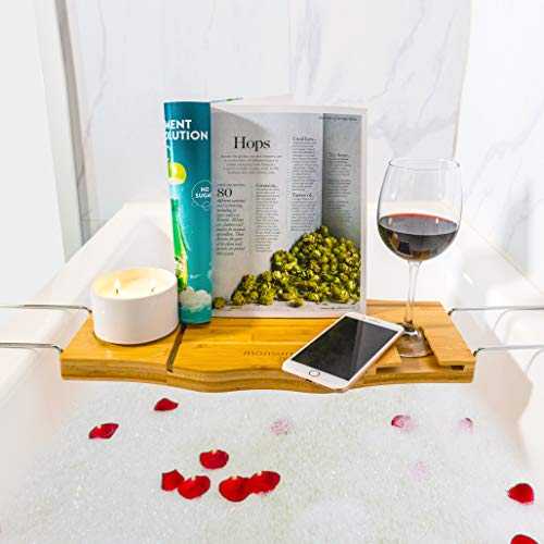 Bamboo Bath Tub Tray Caddy: Luxury Bathtub Tray Caddy Wine Glass Holder & Bathtub Book Holder. Spa Bath Accessories for a Relaxing Bubble Bath. Gifts for Women and Self Care Gifts for Mom
