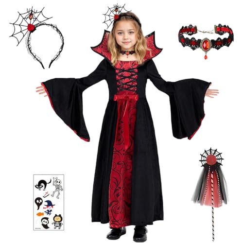 XM-mengpanwei Déguisement Vampire Fille, Costume Vampire Fille Deguisement Halloween Costume,Robe Gothique Filles,Denture,Collier,Bandeau Spider Web pour Enfant Halloween Carnaval Cosplay