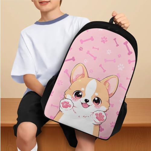 Cute Corgi Backpack for Girls Kids Backpack with Lunch Box Water Bottle Carrier and Large Pencil Bag 4Pcs Set 17" Sturdy Bookbag with Compartments for School Lightweight Elementary School Bag2