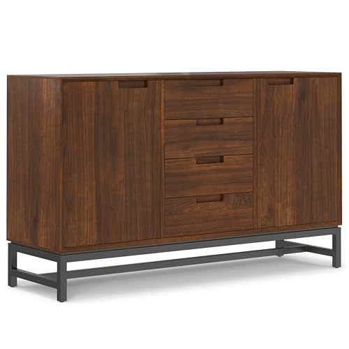 SIMPLIHOME Banting Buffet - 60 inch Wide Solid Walnut Veneer and Metal 3-Door Sideboard Buffet, Industrial Storage Cabinet for Dining Room or Kitchen with Center Drawers and Metal Base