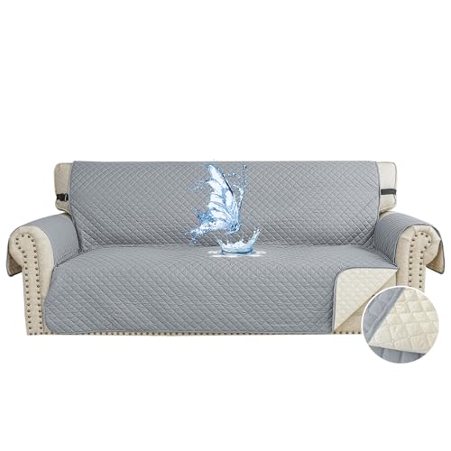 CYCMACO Funda Sofa Impermeable 3 Plazas, Cubre Sofas Antiarañazos Gatos, Couch Cover Antideslizante Antimanchas, Universal, con Reposabrazos, Lavable, Gris Claro