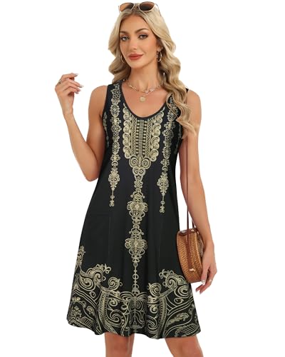 Image of elescat Womens Summer Dresses Casual V Neck Sleeveless Pockets Beach Loose Tank Sundress 2026
