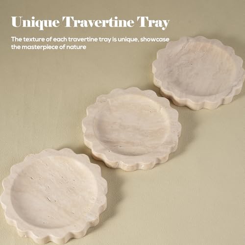Koville Travertine Jewelry Dish, 5.51" Round Trinket Dish for Ring Necklace Earring Perfume, Natural Stone Decorative Tray for Countertop Bathroom Kitchen Dresser, Beige Travertine Tray - Image 4