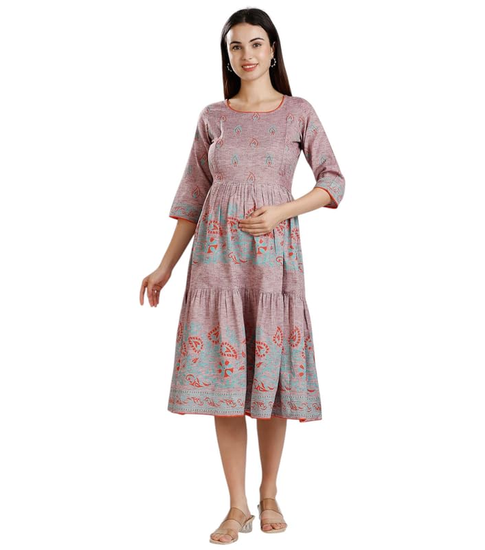 Image of DUMMY SHAPE Maternity Dresses for Women Cotton | Rayon Printed Feeding Anarkali Kurta with Dual Nursing Zipper Access During Pre & Post Pregnancy | Baby Shower Gifts for Mom to Be