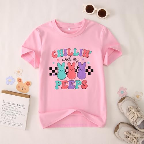 Image of Girls Easter Bunny Shirts Chillin with My Peeps Letter Print T-Shirt Cute Rabbit Short Sleeve Tee Tops