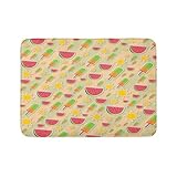 Ambesonne Summer Emoji Bath Mat, Ice Cream and Watermelon Pattern with Sun Ornaments on Striped Back, Plush Bathroom Decor Mat with Non Slip Backing, 30.2' x 20', Lime Green Mustard