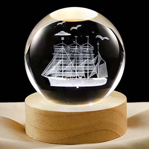 Image of 3D Sailboat Crystal Ball Lamp with Dimmable LED and Wooden Base, Night Light for Kids Teens Adults, Home Desk Office Bedroom Decor, Birthday Gift (2.4 inch / 6cm)