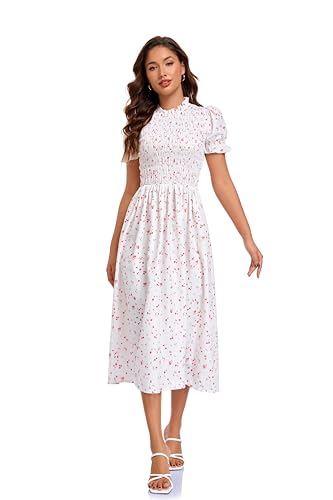 Image of RIHOAS Plaid Gingham Midi Dress Short Sleeve Smocked Dresses for Women | Cotton,Ruffle Puff Sleeves,Vintage Brown,Spring Summer Casual Daily,Picnic,Travel,Vacation,Christmas Festive Occasions