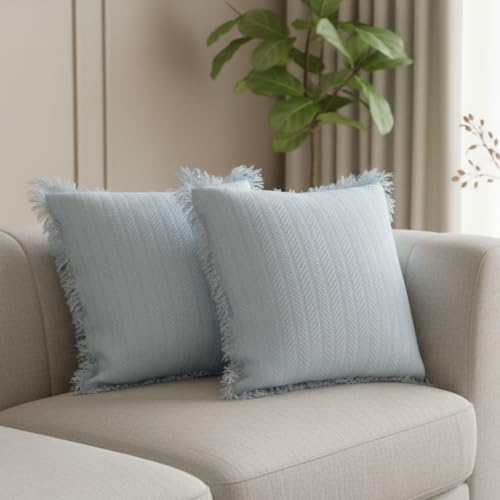 Image of Light Blue Cushion Covers - 16x16 Inch | Set of 2 | Hand-Woven Fringed Cotton Decorative Covers for Sofa, Living Room & Bedroom Decor | Square Shape Cushion Cases