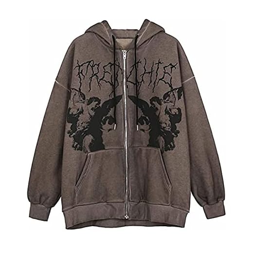 Yokbeer Hoodie med Grafiskt Tryck I Överdimensionerad Y2K Dam Estetisk Långärmad Dragkedja Casual Kappa Jacka Hip Hop E-Girl Streetwear (Color : Brown, Size : XL)