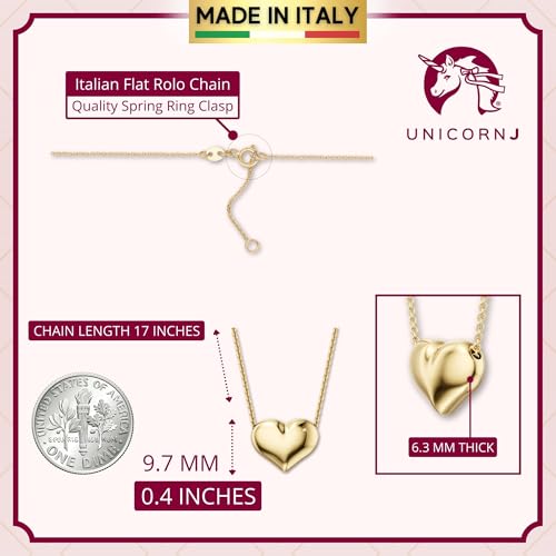 UNICORNJ 14K Floating Puffed Gold Heart Pendant Necklace - Real Gold Heart Necklaces for Women Teens Girls, Cable Rolo Chain, Mom Girlfriend Daughter Graduation Anniversary Love Jewelry, Made in Italy3